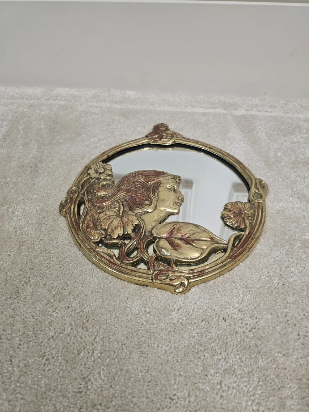 Art Nouveau Gold Decorative Round Wall Mirror with Floral Woman Motif